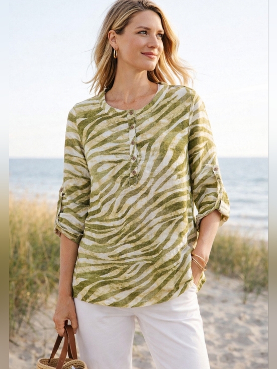 JM Collection Tops - Green Linen Zebra Print Tunic Top Size 16 Coastal Lightweight Boho